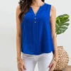 Blu Pepper Split Neck Button Down Sleeveless Blouse