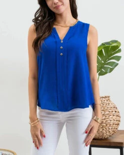 Blu Pepper Split Neck Button Down Sleeveless Blouse