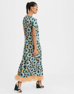 Swing Dress Plaza Light Blue In Silk Twill With Feathers -Gustwillers Clothing Shop DRE0316SIL001PLA01 BU01 3