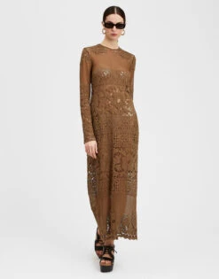 Lacey Long Sleeve Swing Dress Military Green In Cotton Lace