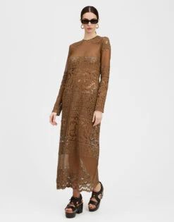 Lacey Long Sleeve Swing Dress Military Green In Cotton Lace -Gustwillers Clothing Shop DRE0418EMB028SOLID GR12 1