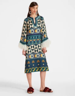 The Kaftan Casareale Placèe Emerald In Silk Twill With Feathers