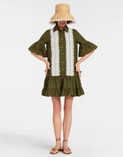 Choux Dress Solid Camouflage In Crisp Poplin With Lacey Ribbons