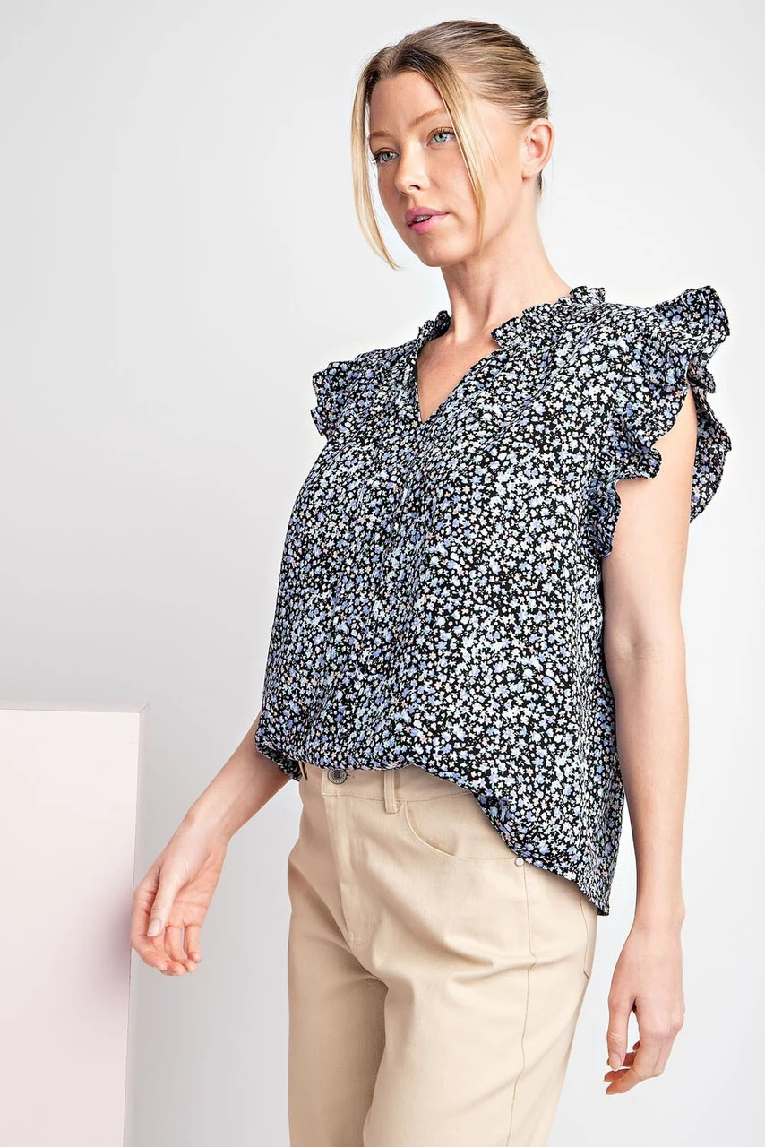 EE:Some Ruffle Sleeve Tie Neck Blouse EE:Some Ruffle Sleeve Tie Neck Blouse -Gustwillers Clothing Shop EE Some Ruffle Sleeve Tie Neck Blouse BLACK 2 95753.1713804591