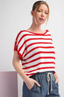 EE:Some Striped Button Shoulder Top -Gustwillers Clothing Shop EE Some Striped Button Shoulder Top TOMATO 2 37552.1713811092