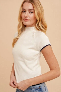 Hem & Thread Button Detail Mock Neck -Gustwillers Clothing Shop Hem Thread Button Detail Mock Neck ECRU 2 24220.1710445363