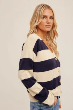 Hem & Thread Striped Boxy Cardigan - 35480 2 Hem & Thread Striped Boxy Cardigan - 35480 -Gustwillers Clothing Shop Hem Thread Striped Boxy Cardigan 35480 NAVY 2 07520.1710444553