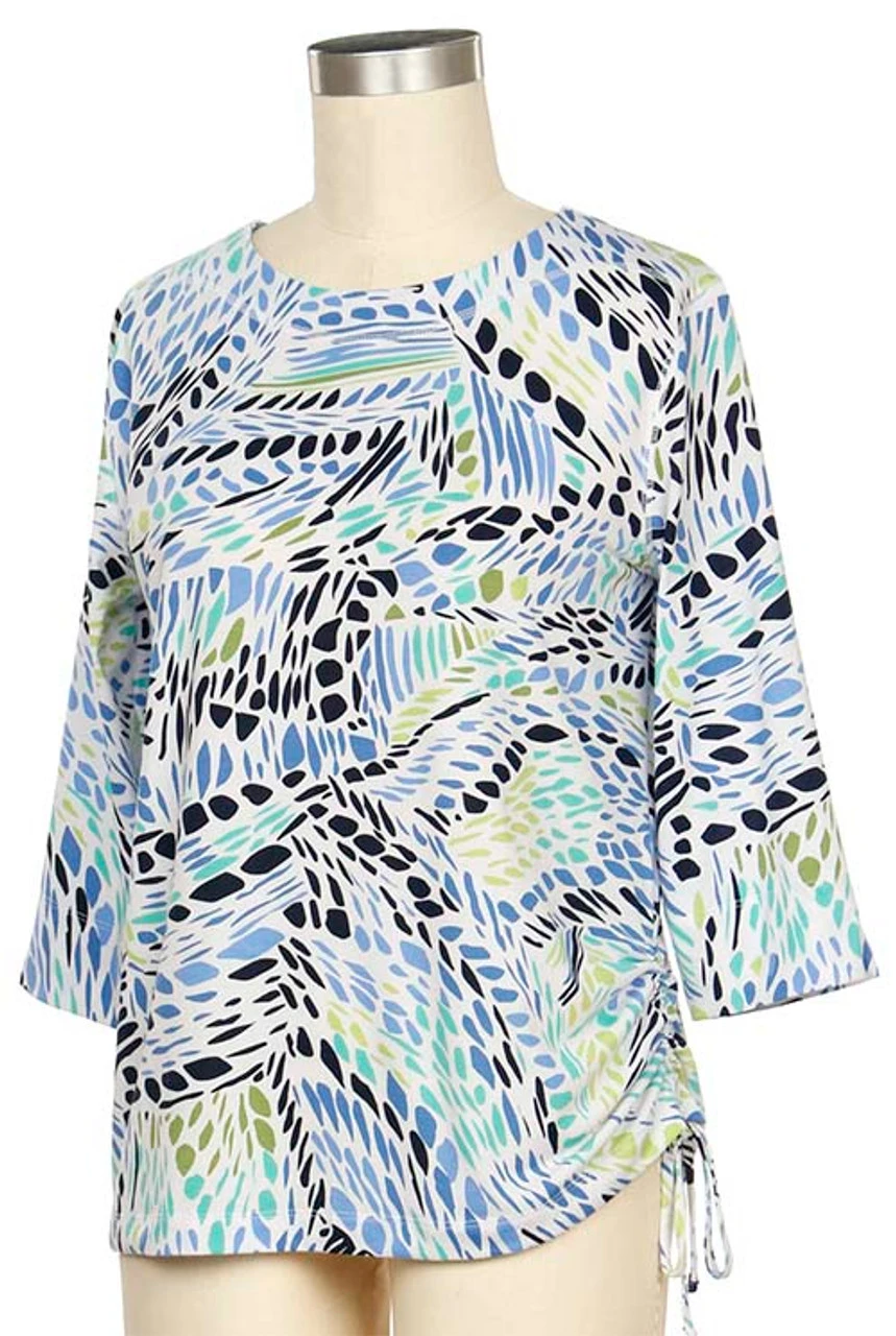 N Touch 3/4 Sleeve Geo Swirl Side Tie Top - 486B N Touch 3/4 Sleeve Geo Swirl Side Tie Top - 486B -Gustwillers Clothing Shop Ladies N Touch 3 4 Sleeve Geo Swirl Side Tie Top 486B DEJANAVY 1 85486.1713973210