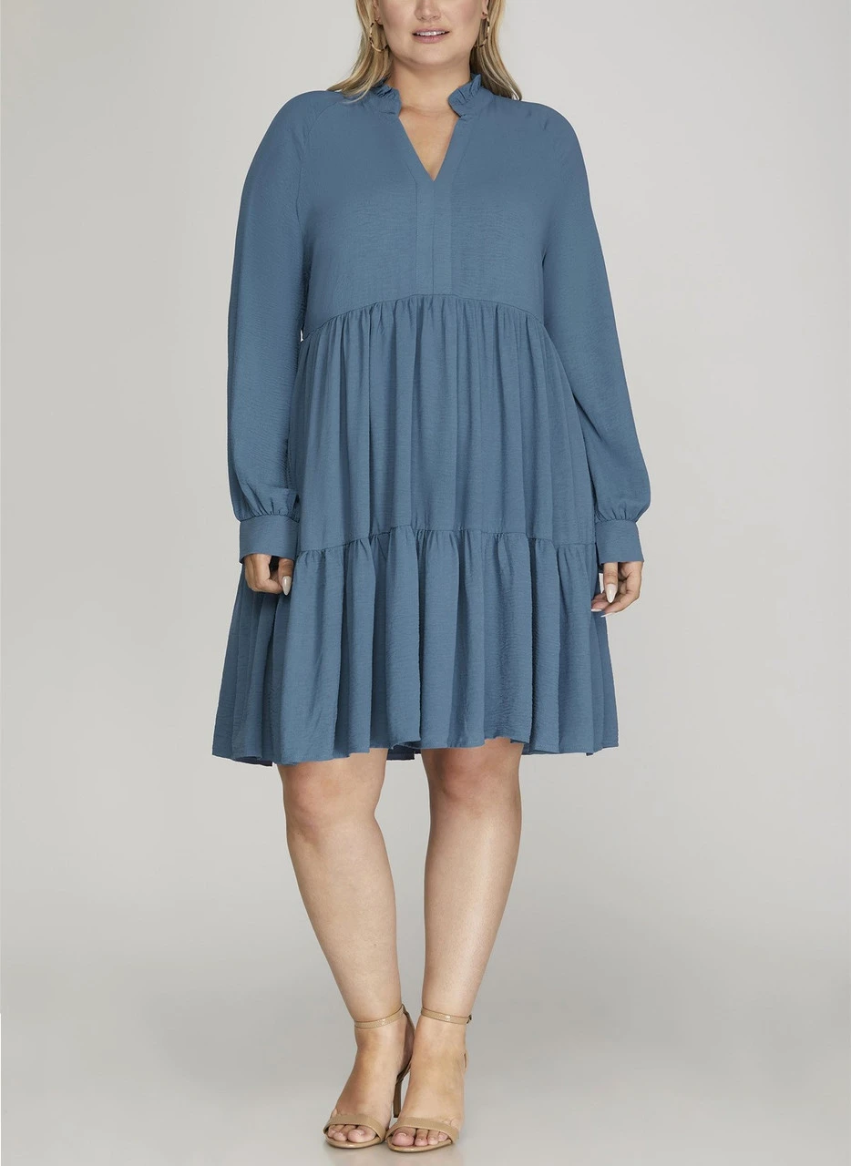 Plus Notched Neck Tiered Dress Plus Notched Neck Tiered Dress -Gustwillers Clothing Shop Plus Notched Neck Tiered Dress DUSTYBLU 1 32748.1710521170