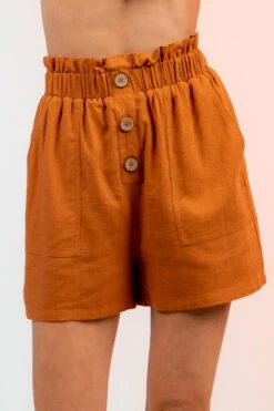 Ruffled Waist 3-Button Mini Shorts -Gustwillers Clothing Shop Ruffled Waist 3 Button Mini Shorts CAMEL 1 39869.1711494170