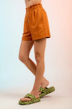 Ruffled Waist 3-Button Mini Shorts -Gustwillers Clothing Shop Ruffled Waist 3 Button Mini Shorts CAMEL 2 29338.1711494172