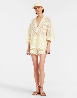 Jackie Shirt Evil Eye Ivory In Macrame -Gustwillers Clothing Shop SHI0093EMB032EVI01 WH04 2