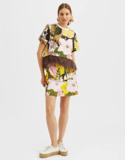 Mini Skirt Big Flower Rose In Heavy Cotton Stretch