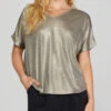 She + Sky Drop Shoulder Vneck Metallic Knit Top