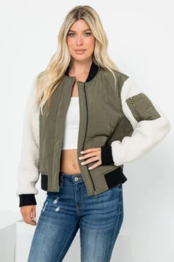 Sherpa Sleeve Quilted Bomber -Gustwillers Clothing Shop Sherpa Sleeve Quilted Bomber OLIVE 2 00787.1710523105