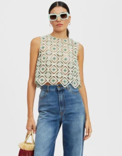 Aria Top Agua Cream In Macramé