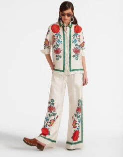 Palazzo Pants Dragonflower Placée Multicolor In Silk Twill