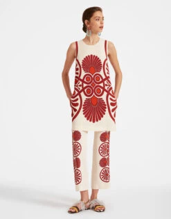 Stretch Pants Medallion Placée Cream In Envers Satin -Gustwillers Clothing Shop TRO0054VIS011MED01 WH03 2