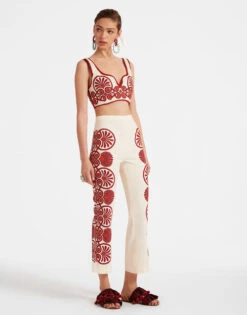 Stretch Pants Medallion Placée Cream In Envers Satin -Gustwillers Clothing Shop TRO0054VIS011MED01 WH03 3