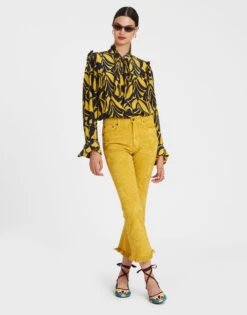 Fancy Crop Jeans Sicomore Yellow In Laser-Printed Denim With Fringe