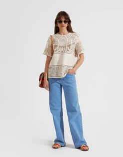 Lacey House T-Shirt Solid White Smoke In Embroidered Cotton